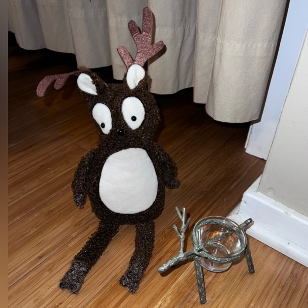 Christmas holiday stuffed prop bundle with reindeer candle
Holder